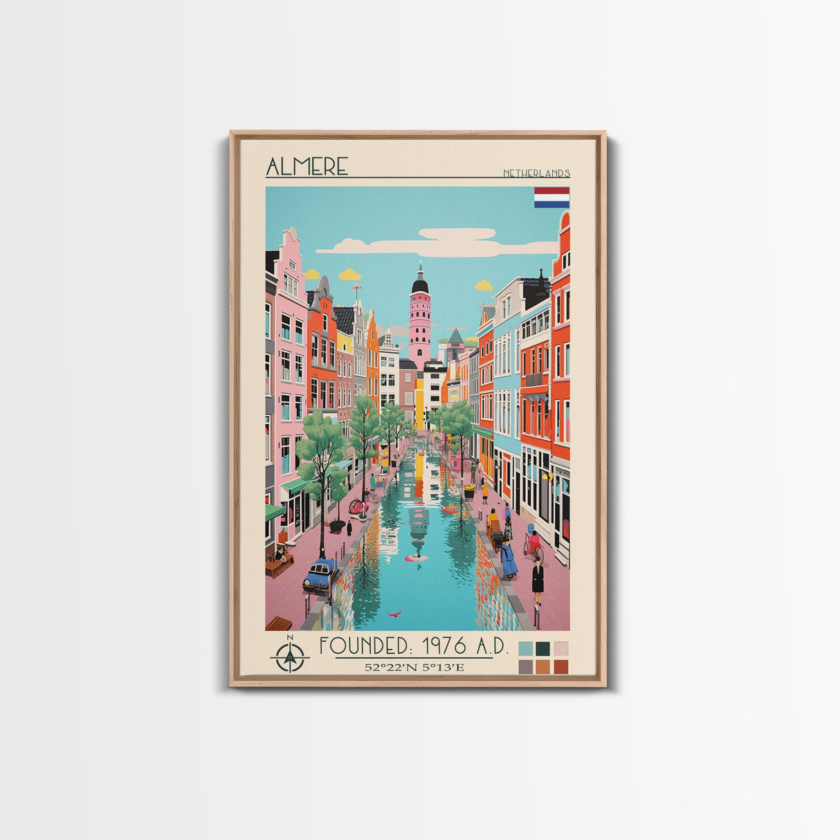 Almere Netherlands Travel Poster Framed Canvas Print, Midcentury Modern Art, Pop Art Decor, Wall Art, Vacation Gift, Living Room Decoration, Scenic Print