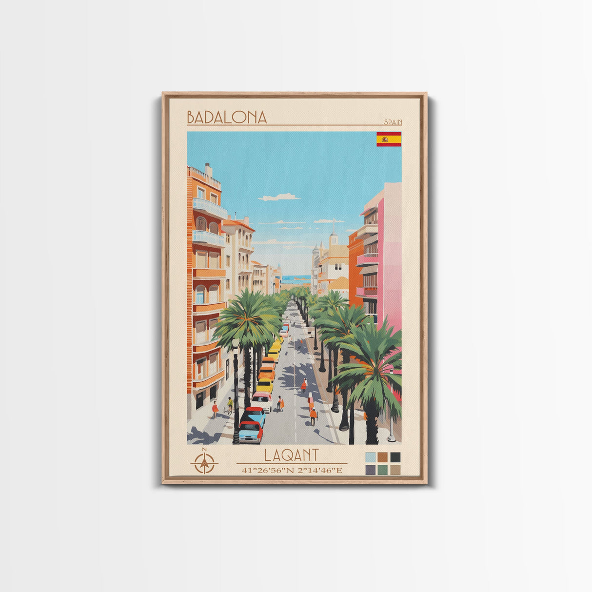 Badalona Spain Travel Poster Framed Canvas Print, Midcentury Modern Art, Pop Art Wall Decor, Home Decor, Vacation Gift, Living Room Art