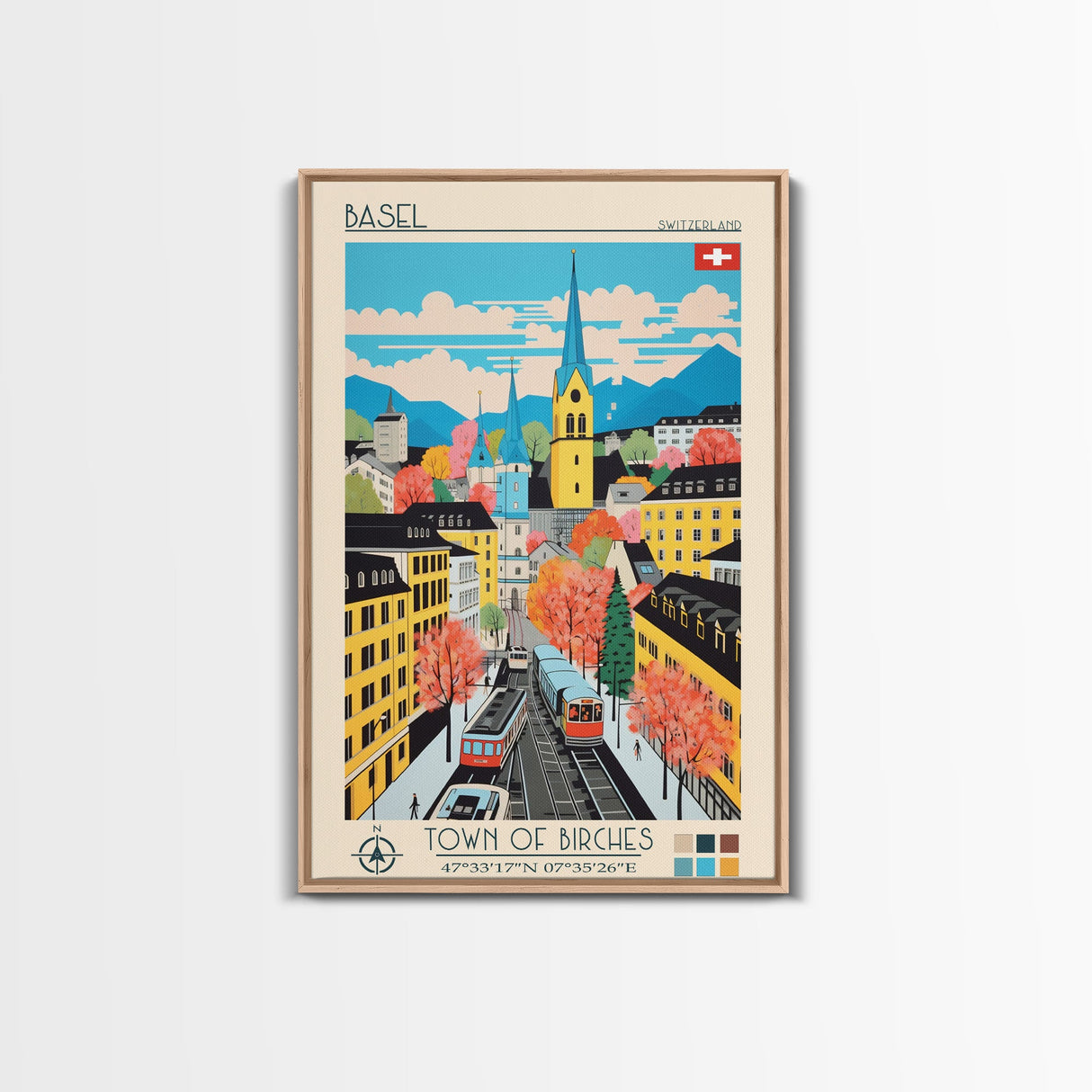 Basel Switzerland Travel Poster Framed Canvas Print, Midcentury Modern Art, Pop Art Wall Decor, Home Decor, Vacation Gift, Living Room Art