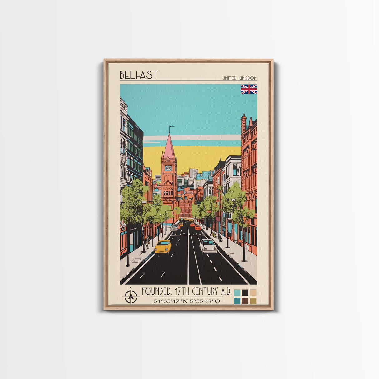 Belfast United Kingdom Travel Poster Framed Canvas Print, Midcentury Modern Art, Pop Art Wall Decor, Home Decor, Vacation Gift, Living Room Art