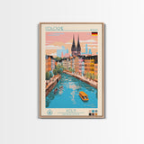 Cologne Germany Travel Poster Framed Canvas Print, Midcentury Modern Art, Pop Art Wall Decor, Scenic Wall Art, Living Room Art