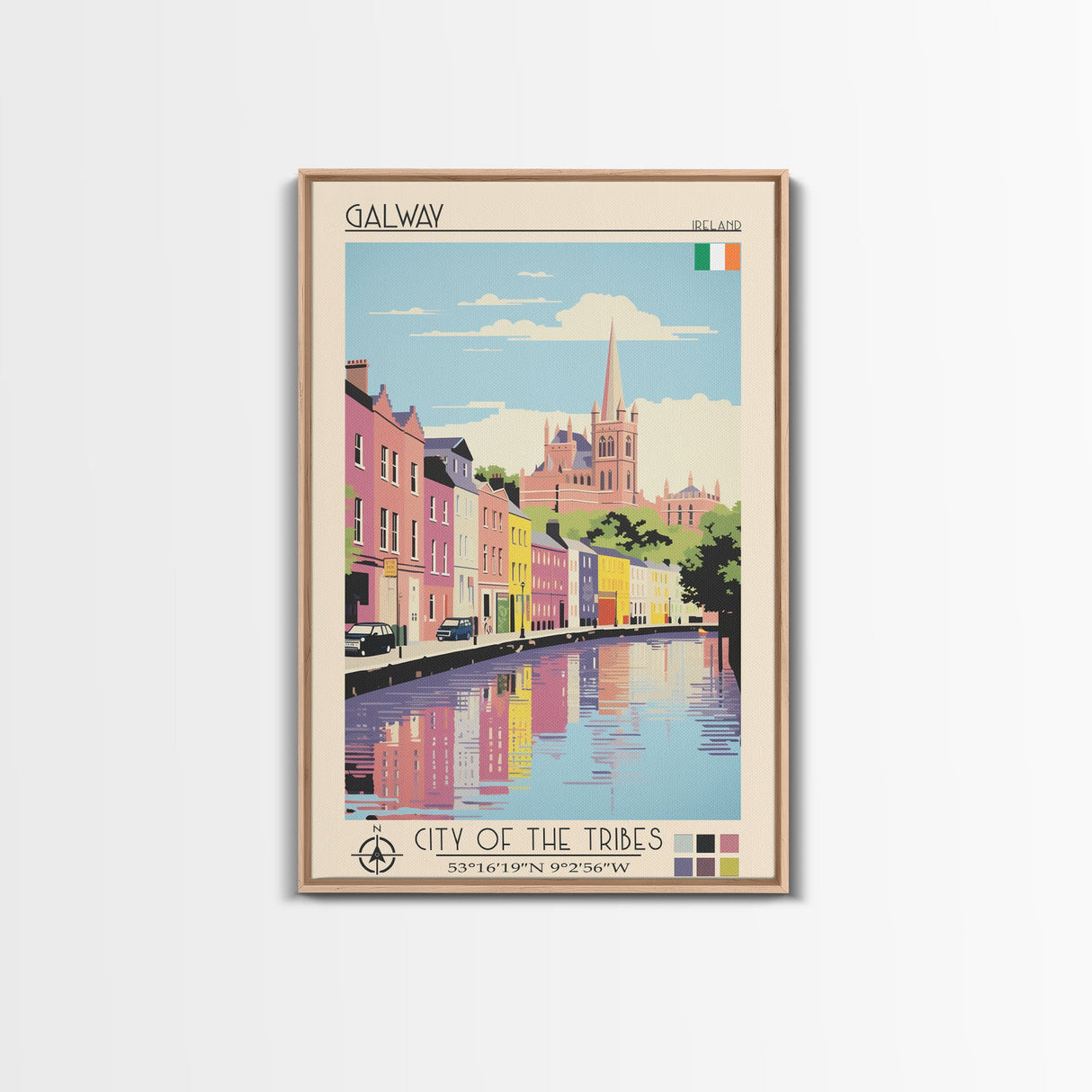 Galway Ireland Travel Poster Framed Canvas Print, Midcentury Modern Art, Pop Art Wall Decor, Scenic Bedroom Art, Office Decoration