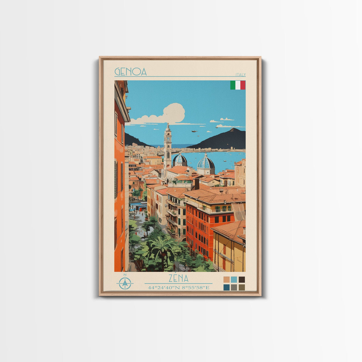 Genoa Italy Travel Poster Framed Canvas Print, Midcentury Modern Art, Pop Art Wall Decor, Scenic Wall Art, Living Room Decoration, Office Gift