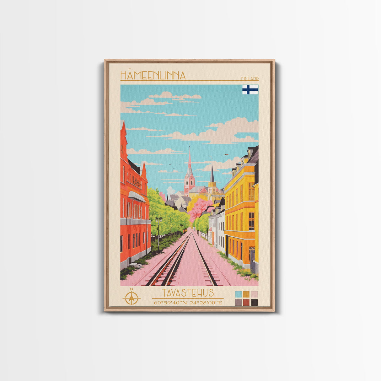 Hämeenlinna City in Finland Finland Travel Poster Framed Canvas Print, Midcentury Modern Art, Pop Art Wall Decor, Home Decor, Vacation Gift, Bedroom Art