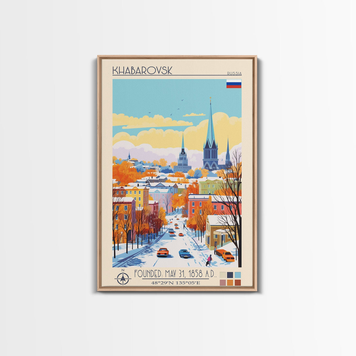 Khabarovsk Russia Travel Poster Framed Canvas Print, Midcentury Modern Art, Pop Art Wall Decor, Home Decor, Vacation Gift, Office Art