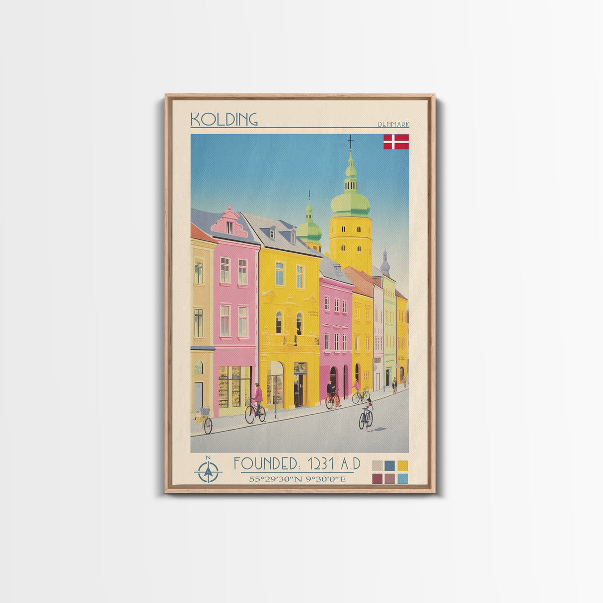 Kolding Denmark Travel Poster Framed Canvas Print, Midcentury Modern Art, Pop Art Wall Decor, Scenic Living Room Art, Bedroom Gift