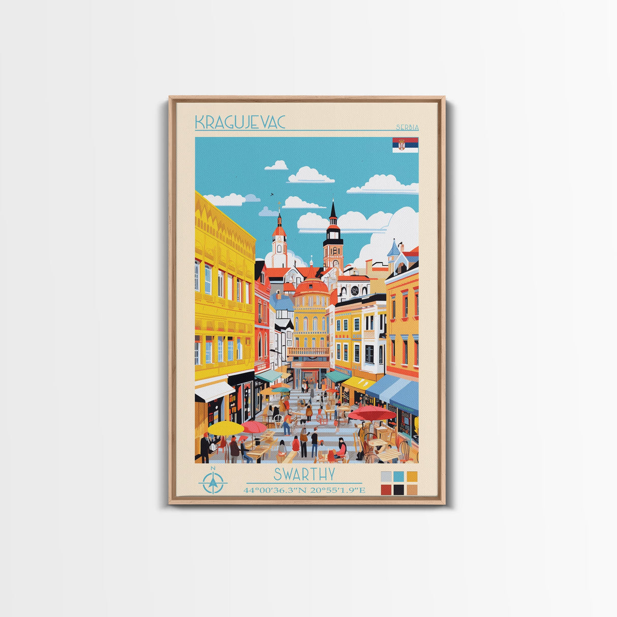 Kragujevac Serbia Travel Poster Framed Canvas Print, Midcentury Modern Art, Pop Art Wall Decor, Scenic Wall Art, Living Room Decoration, Office Art