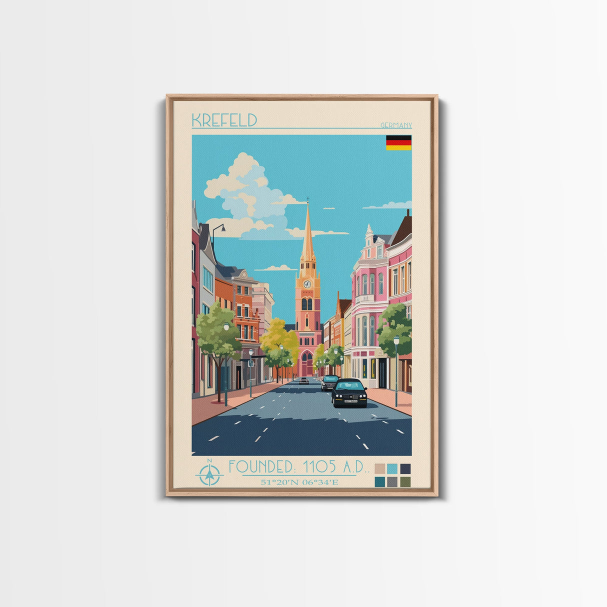 Krefeld Germany Travel Poster Framed Canvas Print, Midcentury Modern Art, Pop Art Wall Decor, Scenic Living Room Art, Bedroom Decor