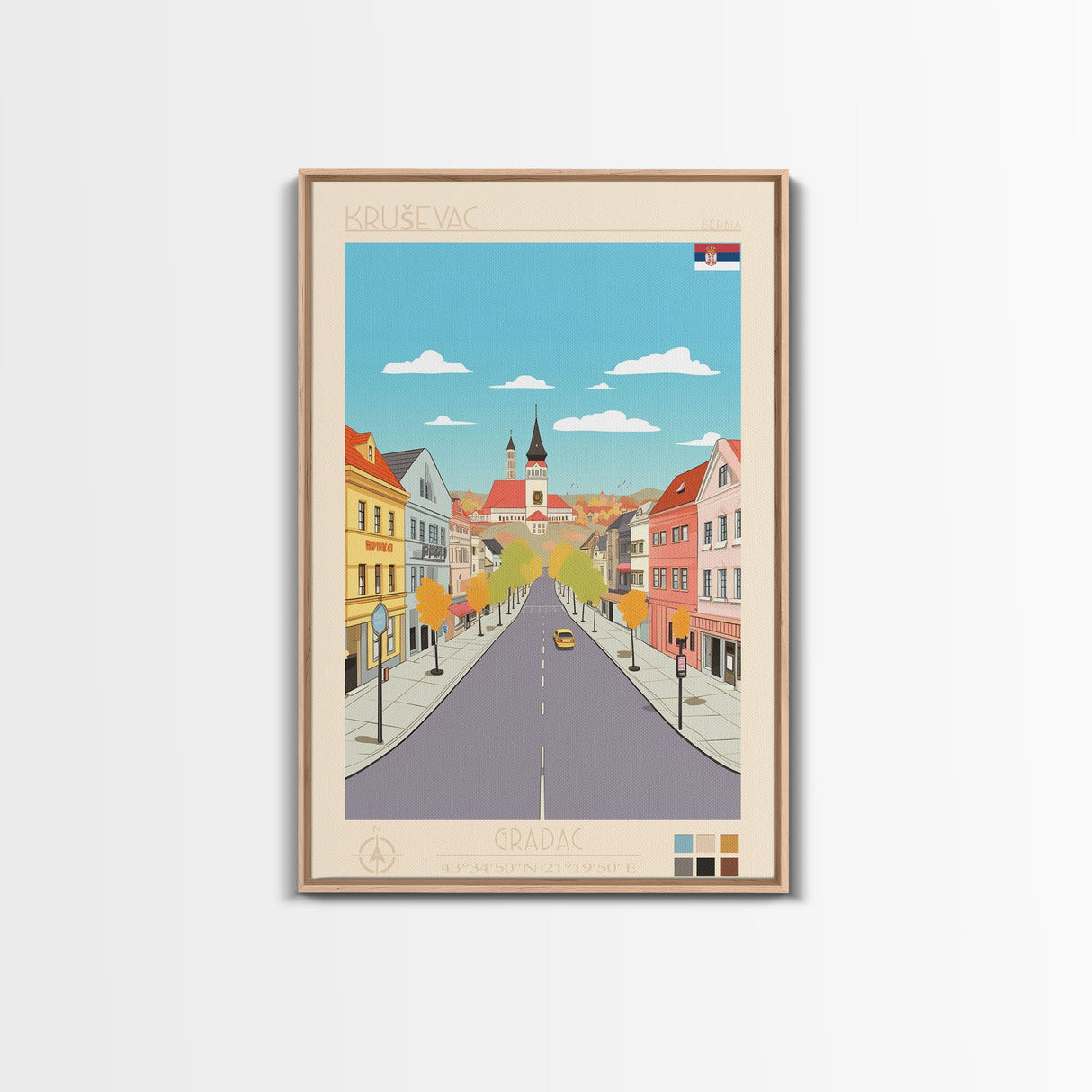 Kruševac Serbia Travel Poster Framed Canvas Print, Midcentury Modern Art, Pop Art Wall Decor, Scenic Living Room Art, Bedroom Gift