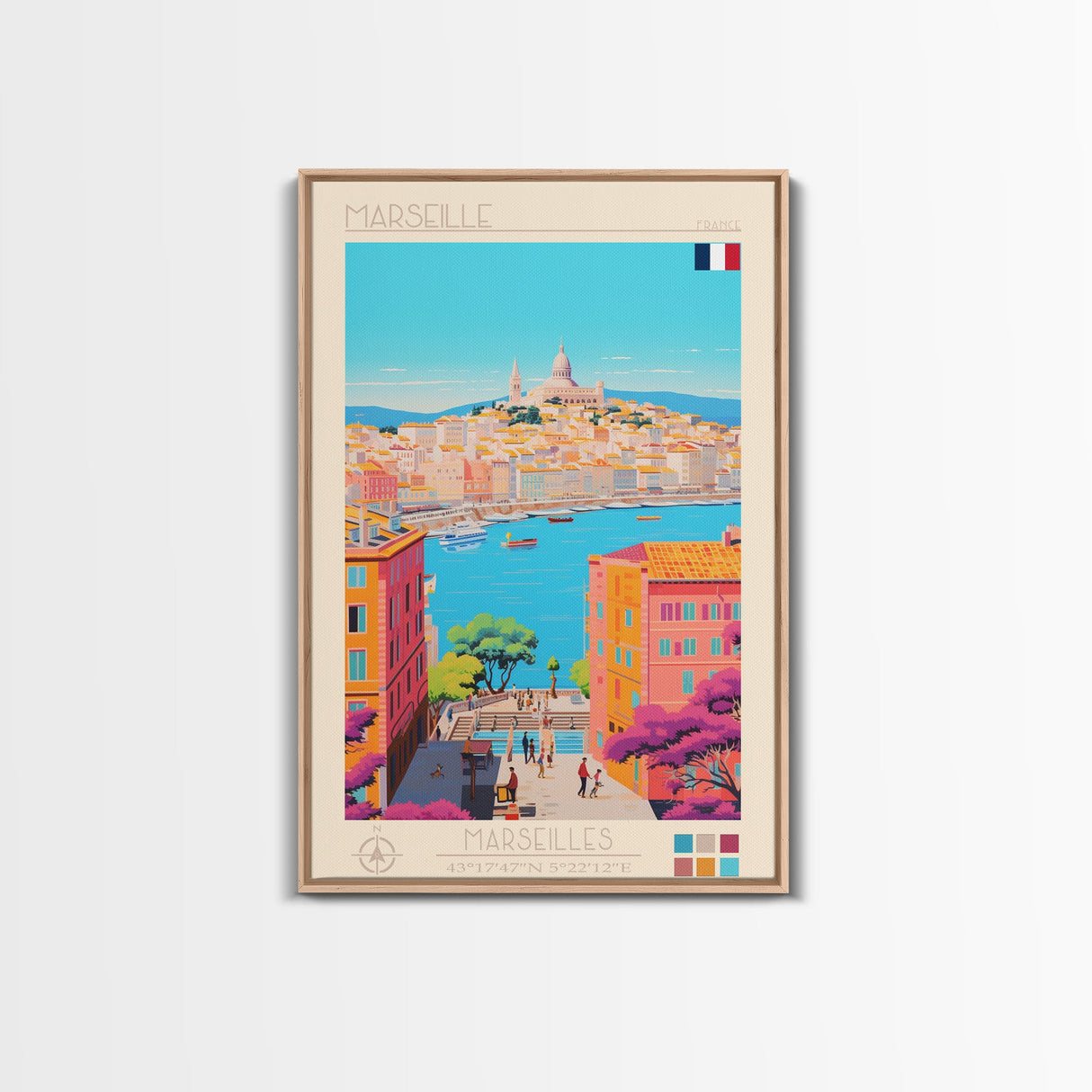 Marseille France Travel Poster Framed Canvas Print, Midcentury Modern Art, Pop Art Wall Decor, Scenic Living Room Art, Bedroom Gift