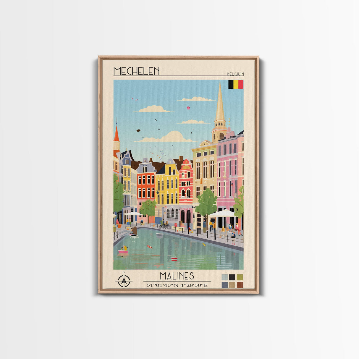 Mechelen Belgium Travel Poster Framed Canvas Print, Midcentury Modern Art, Pop Art Wall Decor, Home Decor, Vacation Gift, Bedroom Art