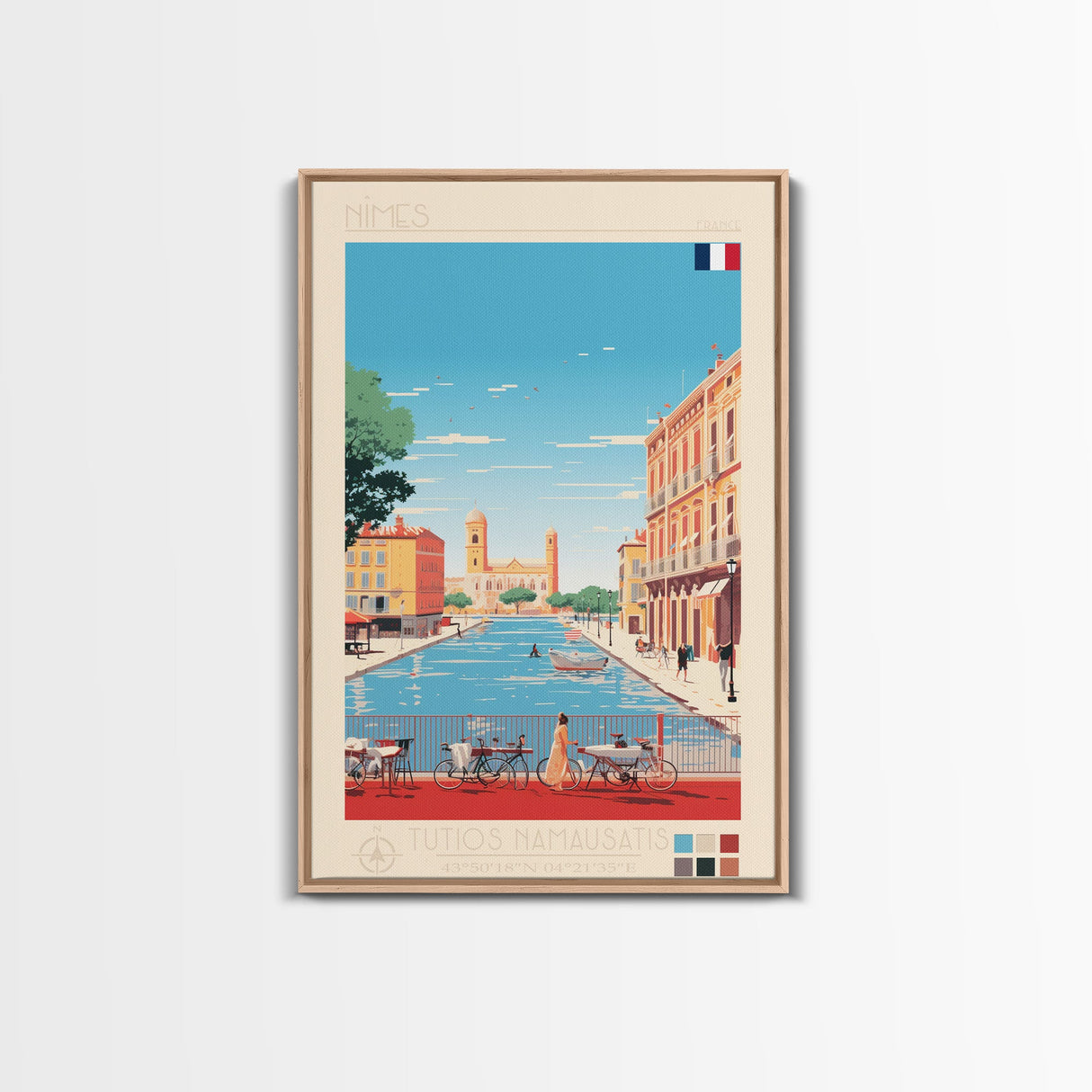 Nimes France Travel Poster Framed Canvas Print, Midcentury Modern Art, Pop Art Wall Decor, Scenic Living Room Art, Bedroom Gift