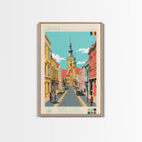 Oradea Romania Travel Poster Framed Canvas Print, Midcentury Modern Art, Pop Art Wall Decor, Scenic Bedroom Art, Office Decoration