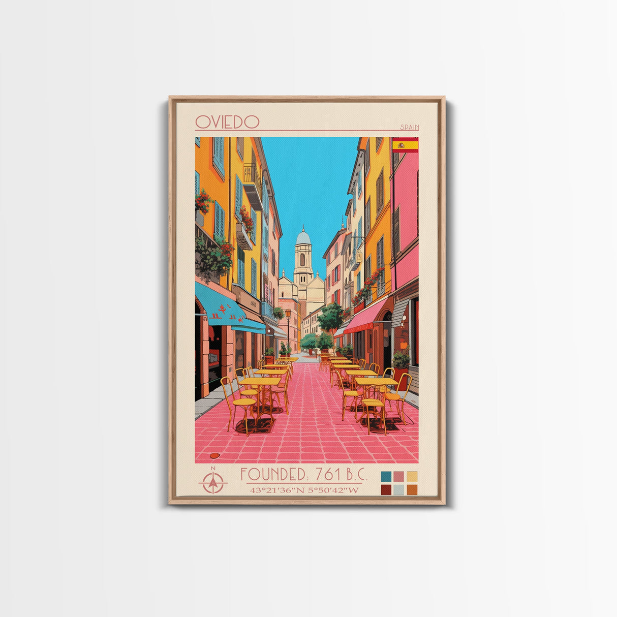 Oviedo Spain Travel Poster Framed Canvas Print, Midcentury Modern Art, Pop Art Wall Decor, Scenic Wall Art, Bedroom Decoration