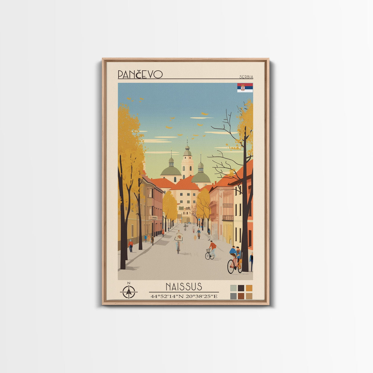 Pančevo Serbia Travel Poster Framed Canvas Print, Midcentury Modern Art, Pop Art Wall Decor, Scenic Wall Art, Living Room Decoration, Office Art