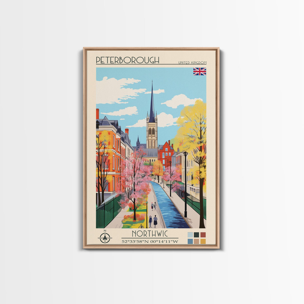 Peterborough United Kingdom Travel Poster Framed Canvas Print, Midcentury Modern Art, Pop Art Wall Decor, Home Decor, Vacation Gift, Office Art