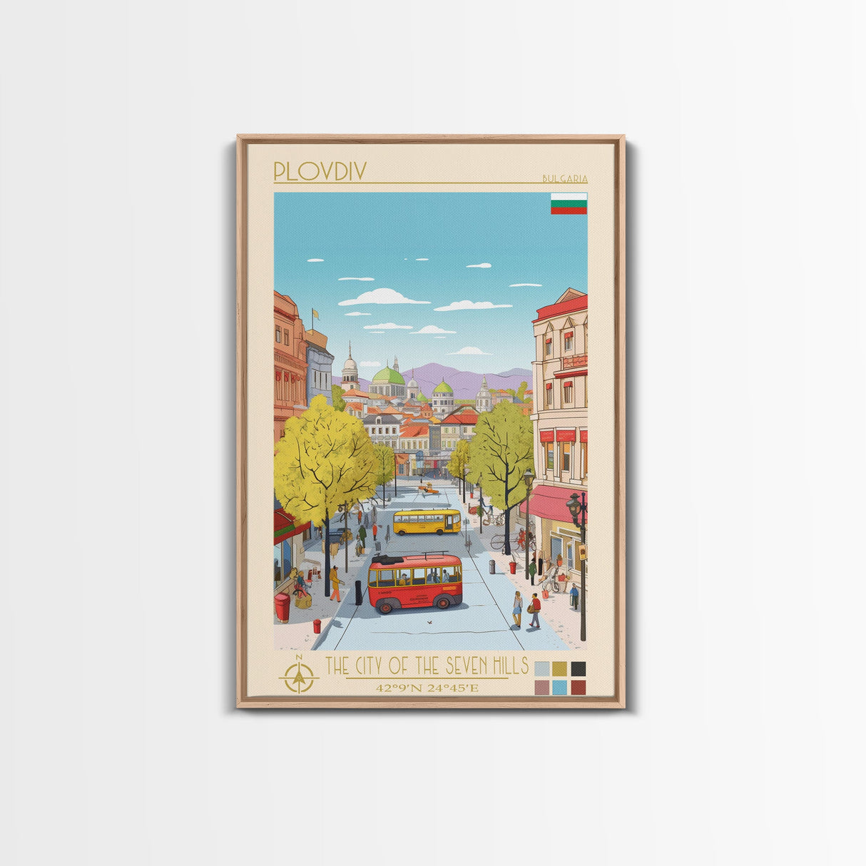 Plovdiv Bulgaria Travel Poster Framed Canvas Print, Midcentury Modern Art, Pop Art Wall Decor, Living Room Art, Home Decoration