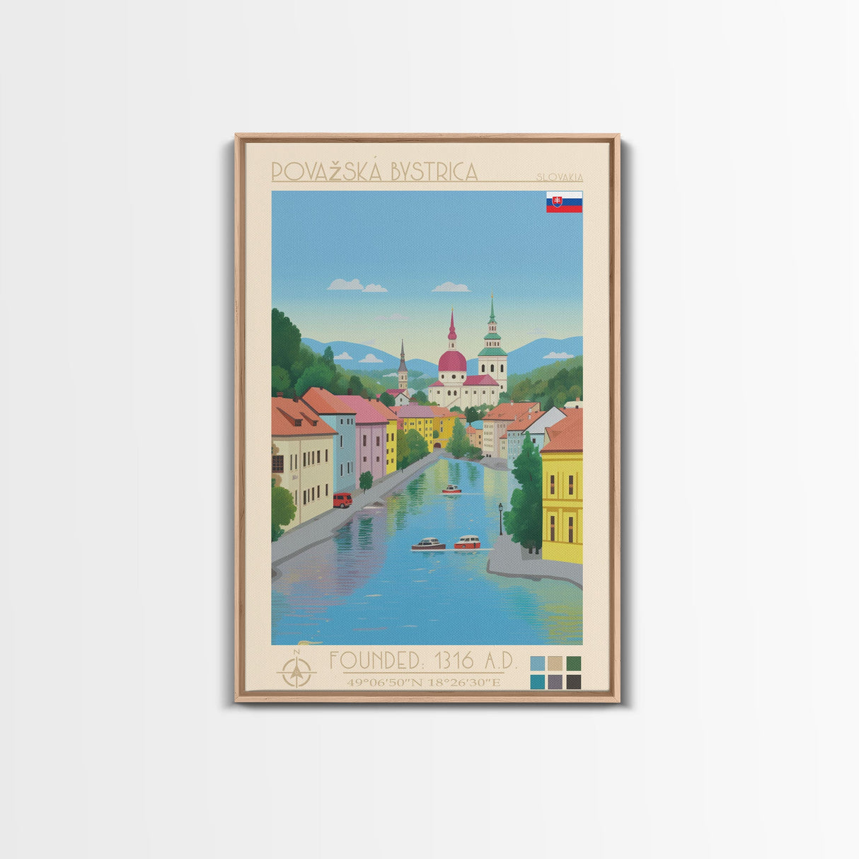 Považská Bystrica Slovakia Travel Poster Framed Canvas Print, Midcentury Modern Art, Pop Art Wall Decor, Scenic Wall Art, Living Room Decoration, Office Art