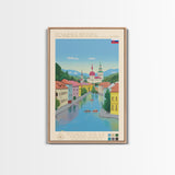 Považská Bystrica Slovakia Travel Poster Framed Canvas Print, Midcentury Modern Art, Pop Art Wall Decor, Scenic Wall Art, Living Room Decoration, Office Art