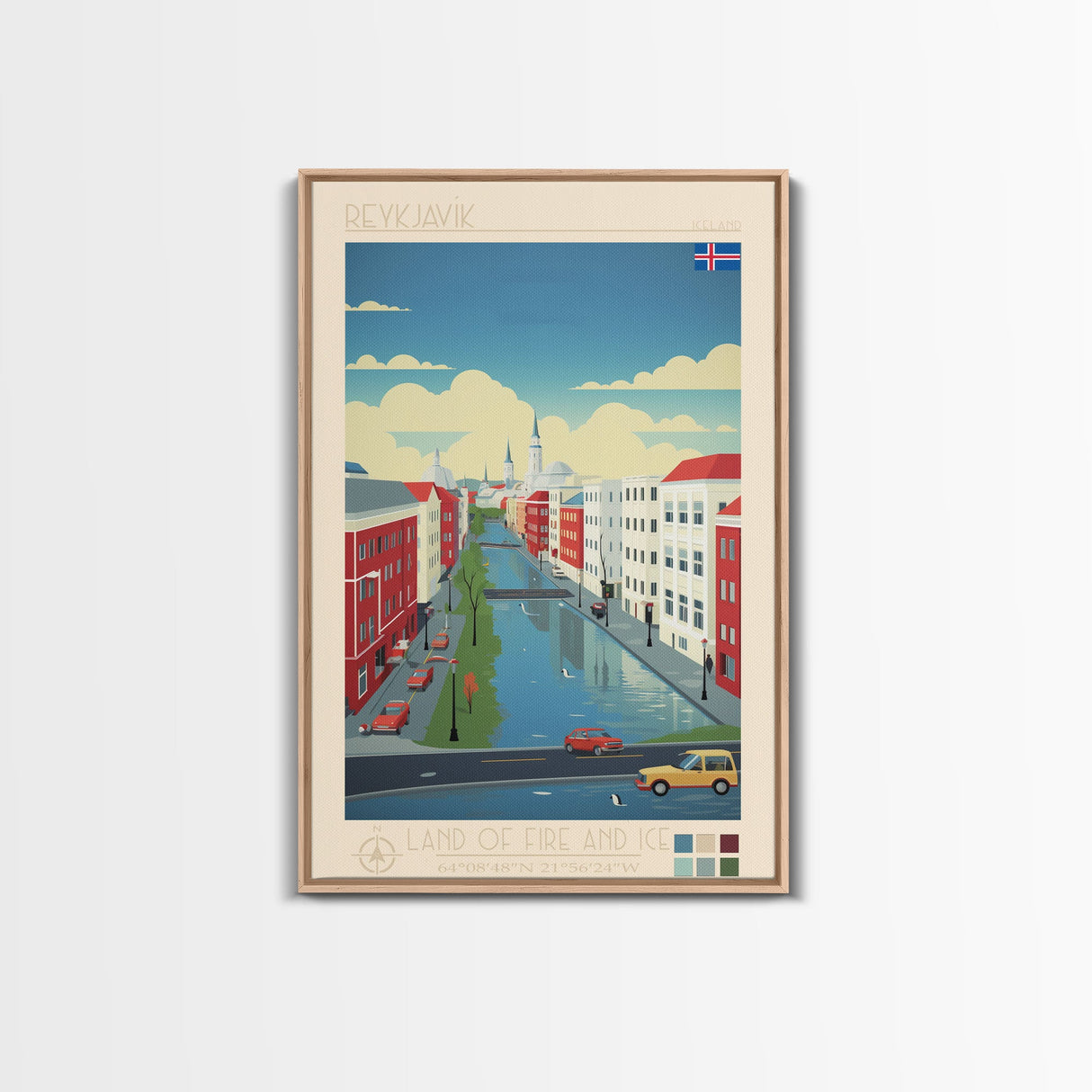 Reykjavik Iceland Travel Poster Framed Canvas Print, Midcentury Modern Art, Pop Art Wall Decor, Scenic Wall Art, Bedroom Decoration