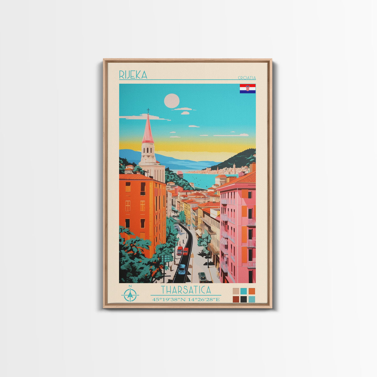 Rijeka Croatia Travel Poster Framed Canvas Print, Midcentury Modern Art, Pop Art Wall Decor, Scenic Wall Art, Living Room Decoration, Office Art