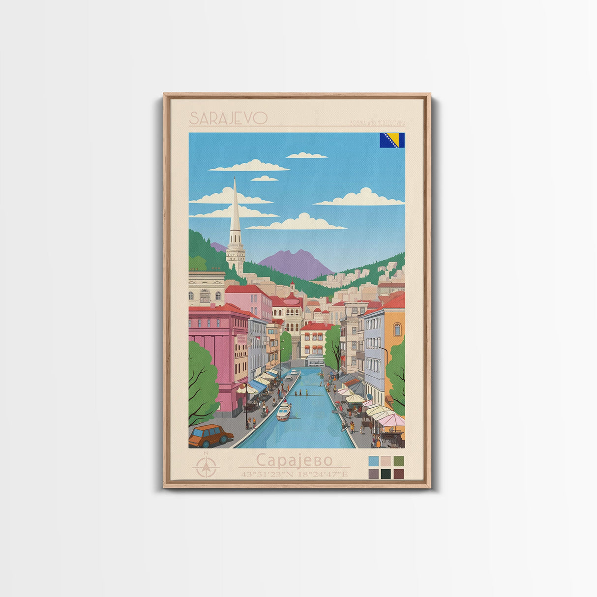 Sarajevo Bosnia and Herzegovina Travel Poster Framed Canvas Print, Midcentury Modern Art, Pop Art Wall Decor, Home Decor, Office Decoration