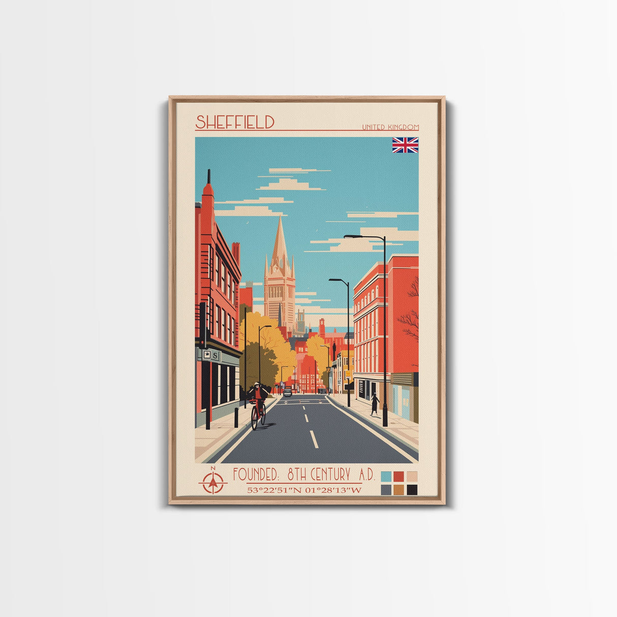 Sheffield United Kingdom Travel Poster Framed Canvas Print, Midcentury Modern Art, Pop Art Wall Decor, Home Decor, Vacation Gift, Office Art