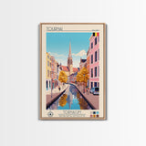 Tournai Belgium Travel Poster Framed Canvas Print, Midcentury Modern Art, Pop Art Wall Decor, Living Room Art, Scenic Wall Art