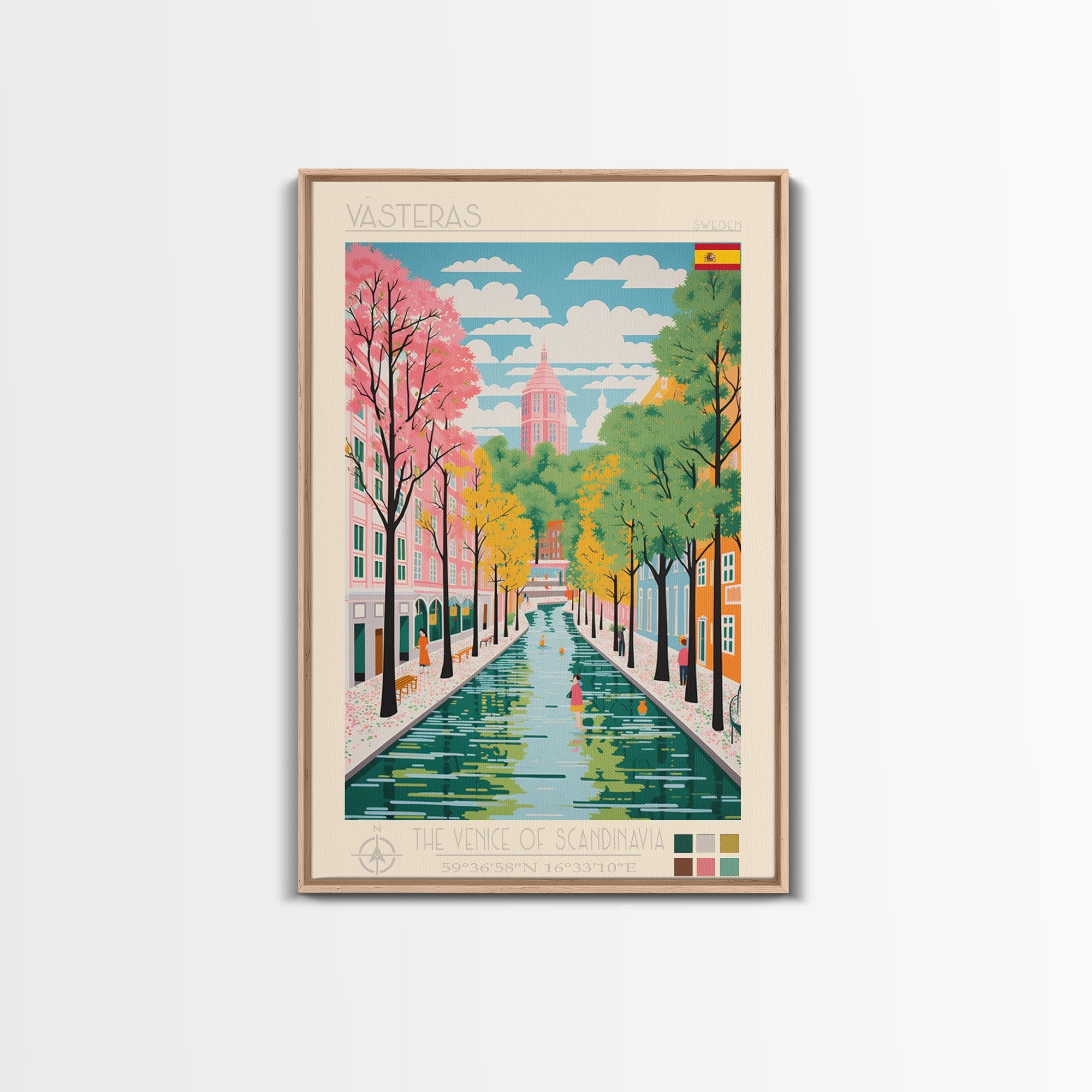 Västerås Sweden Travel Poster Framed Canvas Print, Midcentury