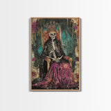 Skeleton King in Regal Throne Framed Canvas Print, Royalty Decor, Halloween Skeleton Art, Haunted Mansion Wall Art, Gothic Skeleton Print