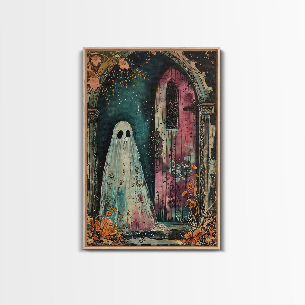 Ghostly Figure at Haunted Door Framed Canvas Print, Halloween Spirit Decor, Spooky Ghost Art, Haunted House Wall Art, Creepy Ghostly Print