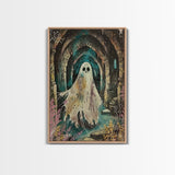 Ghostly Figure in Ancient Ruins Framed Canvas Print, Haunted Ruins Decor, Halloween Ghost Art, Eerie Ghostly Wall Art, Spooky Ghost Print