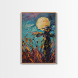 Halloween Spooky Scarecrow Under Full Moon Framed Canvas Print, Haunted Field Wall Art, Home Decor, Seasonal Decor, Gift Idea, Harvest Night