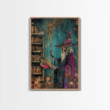 Halloween Eerie Wizard in Haunted Library Framed Canvas Print, Gothic Wall Art, Home Decor, Witchcraft Decor, Gift Idea, Enchanted Study