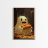 CHOMP! Cute Lil Ghost Eatin' a Dog, The Hot Dog Ghost, Haunted Hot Dog Thief, Framed Canvas Print, Halloween Art