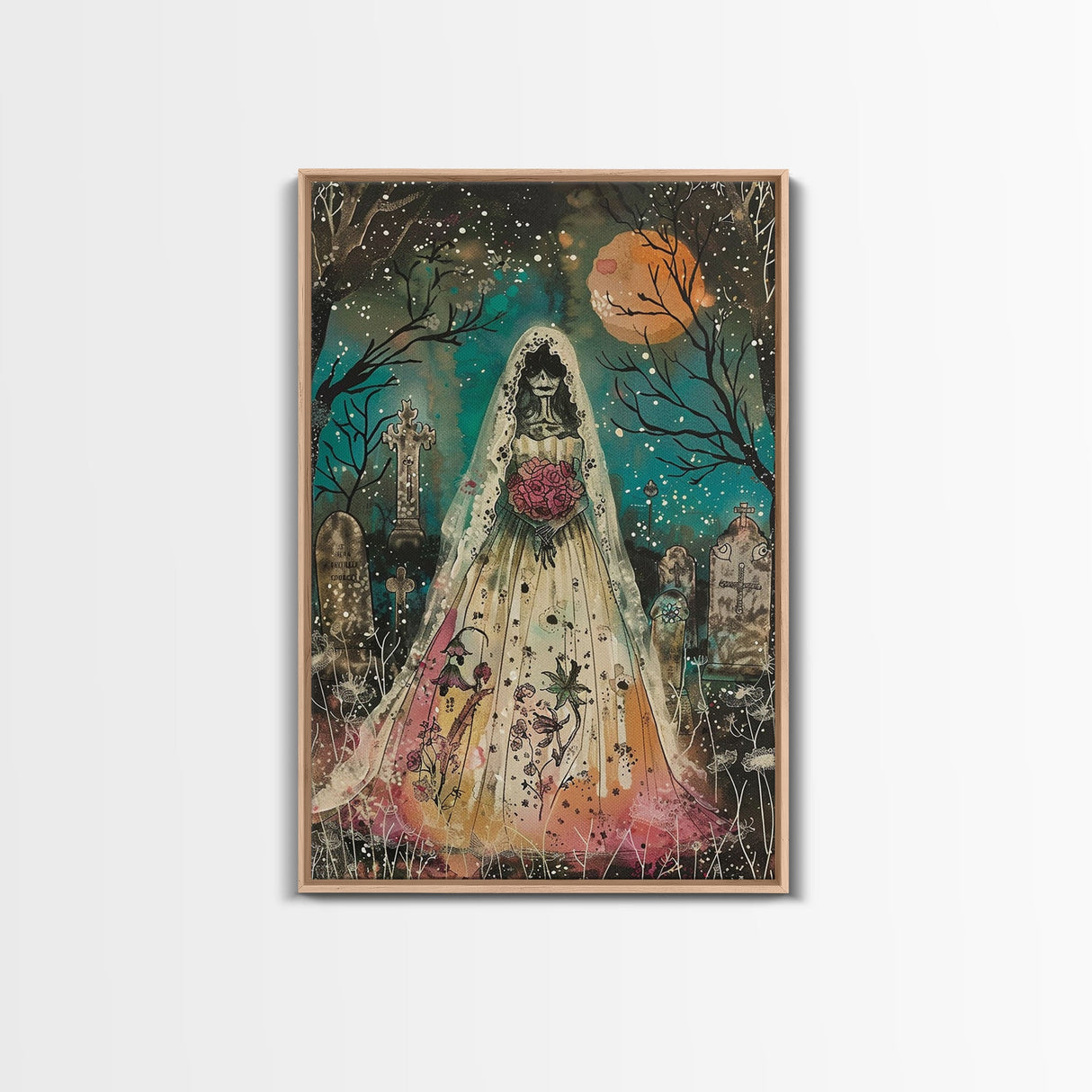 Halloween Skeleton Bride in Cemetery, Framed Canvas Print, Wall Art, Living Room Decor, Spooky, Skeleton Art, Original Painting, Home Decor