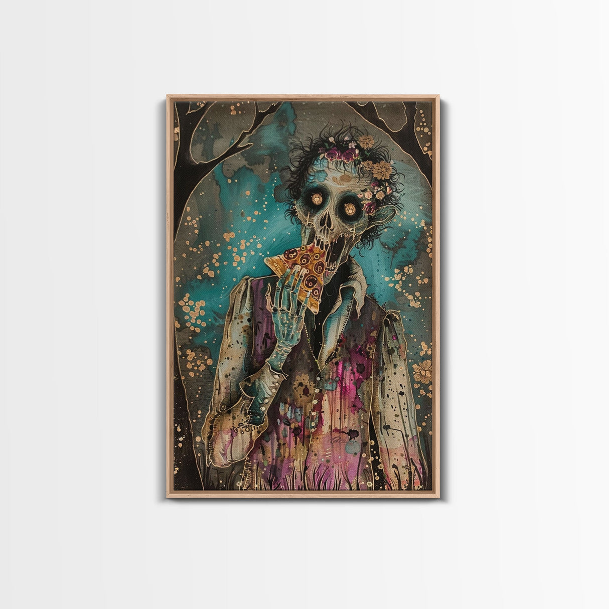 Halloween Zombie Eating Pizza, Framed Canvas Print, Wall Art, Living Room Decor, Spooky, Zombie Art, Original Painting, Home Decor