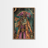Halloween Pirate Skeleton with Pizza Framed Canvas Print, Spooky Decor, Living Room Art, Fun Halloween Wall Art Home Decor Vintage Style Art