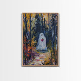 Halloween Ghost in Forest with Apple Framed Canvas Print, Whimsical Spooky Decor, Living Room Art, Fun Halloween Art, Home Decor, Retro Art