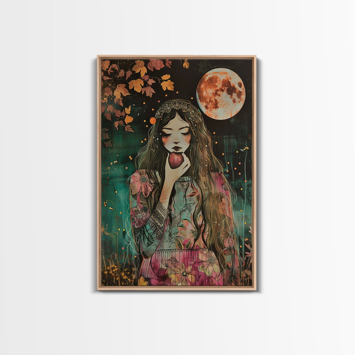 Ghostly Witch With Red Apple, Framed Canvas Print, Wall Art, Spooky Decor, Halloween Decoration, Living Room Art, Unique Gift