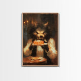 Halloween Werewolf Eating Hotdog, Framed Canvas Print, Wall Art, Spooky Artwork, Fantasy Decor, Halloween Decor, Whimsical Funny Halloween