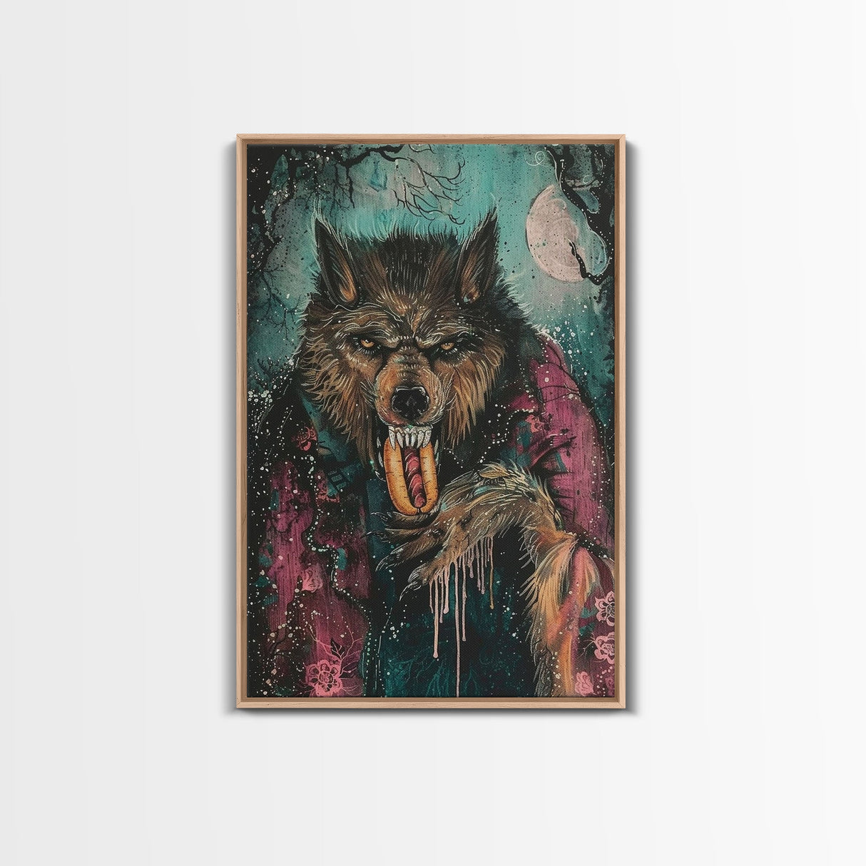 Halloween Werewolf Snarling with Hotdog, Framed Canvas Print, Wall Art, Home Decor, Spooky Artwork, Monster Decor, Halloween Decor