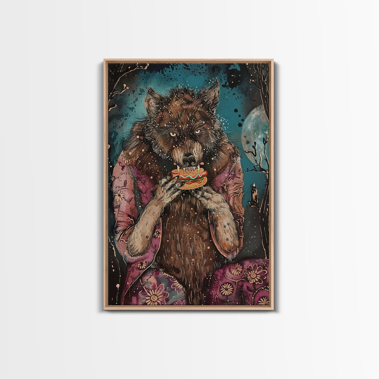 Halloween Werewolf Enjoying Hotdog, Framed Canvas Print, Wall Art, Home Decor, Spooky Artwork, Fantasy Decor, Halloween Decor, Holiday Gift