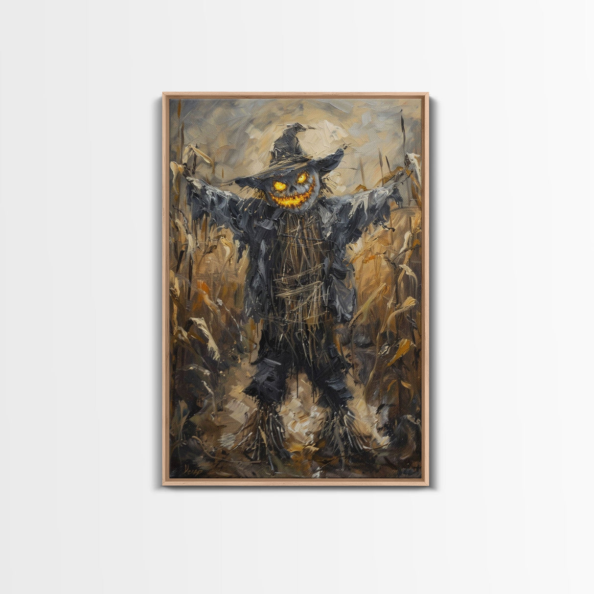 Sinister Scarecrow in Cornfield Framed Canvas Print | Halloween Horror Art | Spooky Farm Art | Creepy Scarecrow Art for Home Decoration