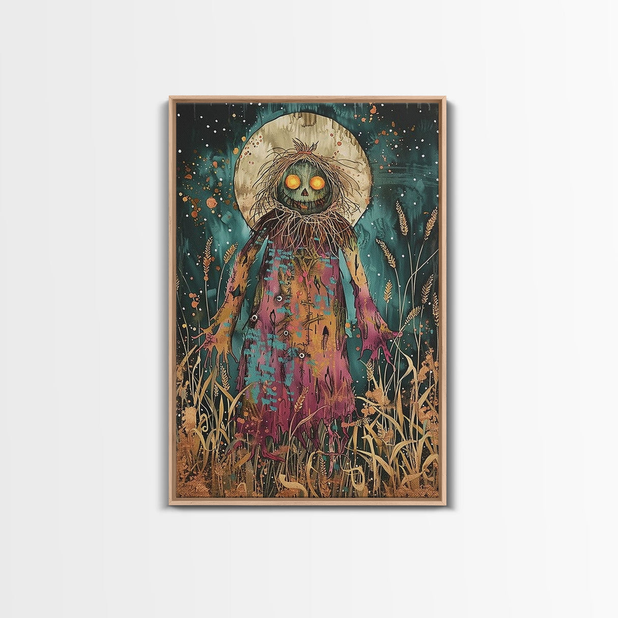 Creepy Moonlit Scarecrow Framed Canvas Print | Halloween Art | Spooky Harvest Artwork | Sinister Scarecrow Art for Home Decor