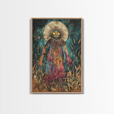 Creepy Moonlit Scarecrow Framed Canvas Print | Halloween Art | Spooky Harvest Artwork | Sinister Scarecrow Art for Home Decor