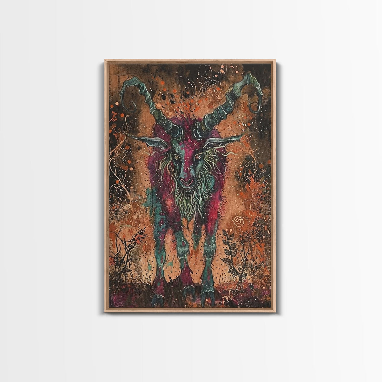 Mysterious Goat Demon Framed Canvas Print, Halloween Art, Unique Wall Art, Spooky Home Decor, Scary Art, Eerie Living Room Decor