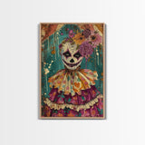 Day of the Dead Doll with Floral Crown Framed Canvas Print, Halloween Art, Creepy Wall Art, Spooky Home Decor, Scary Art, Unique Wall Decor