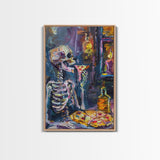 The Hungry Skeleton Chomps a Pizza, Funny Halloween Art, Framed Canvas, Halloween Poster