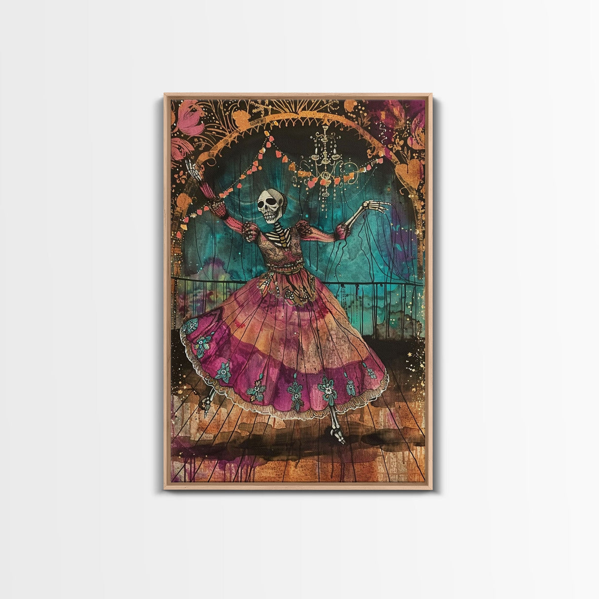 Skeleton Dancer in a Vibrant Dress Celebrates Halloween, Bringing Spooky Charm to Your Halloween Wall Art Collection